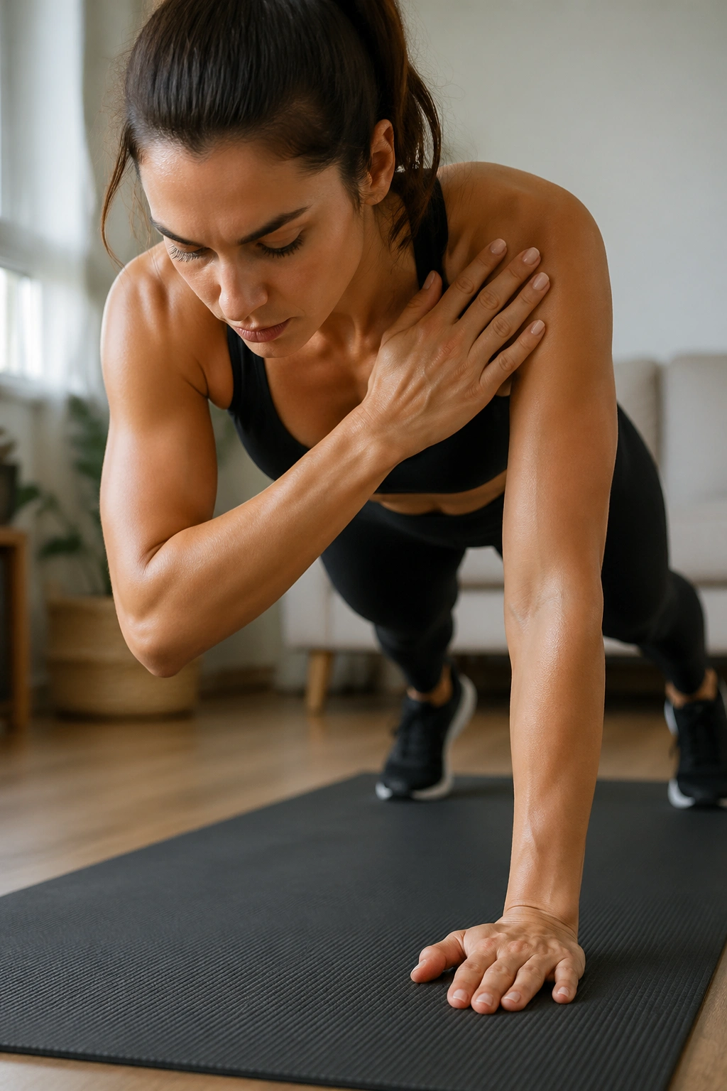 Close-up of a person performing plank shoulder taps to stabilize the core in a home gym