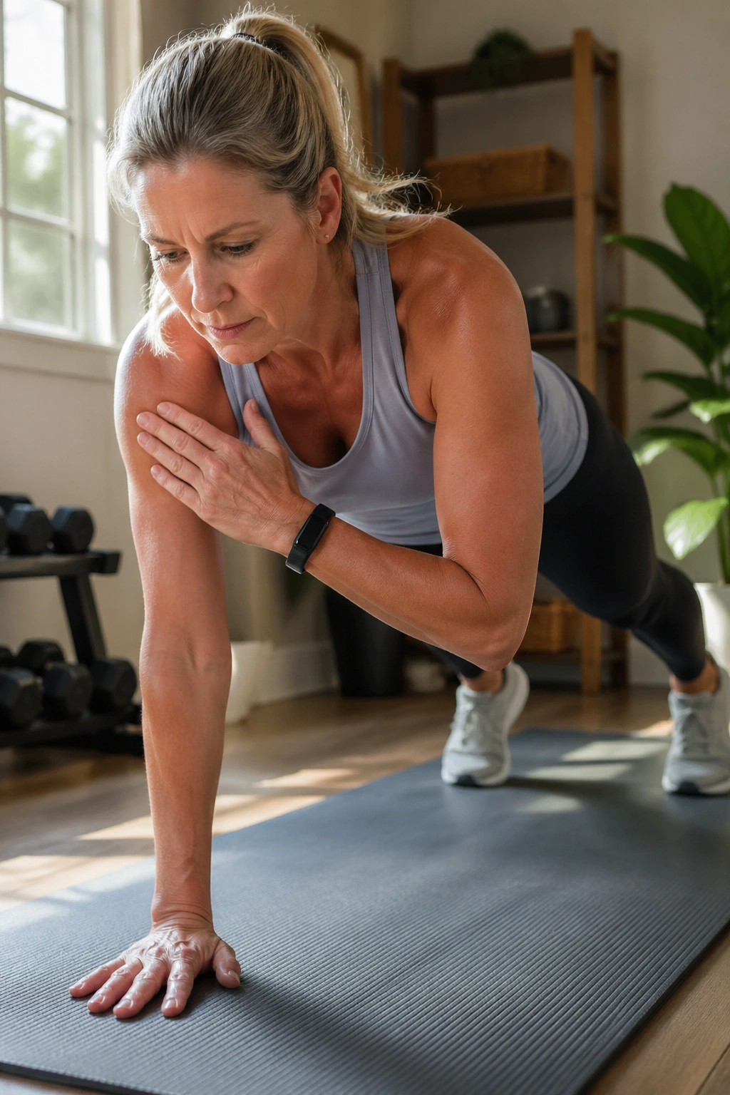 Woman in high plank performing shoulder taps with controlled hips in a bright home gym.