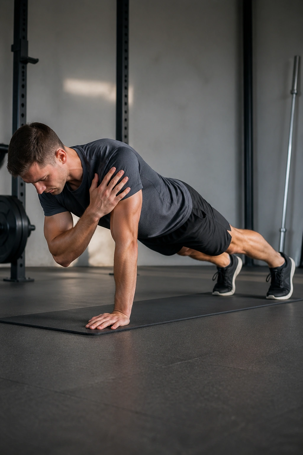 Side-profile of a person in a plank performing shoulder taps