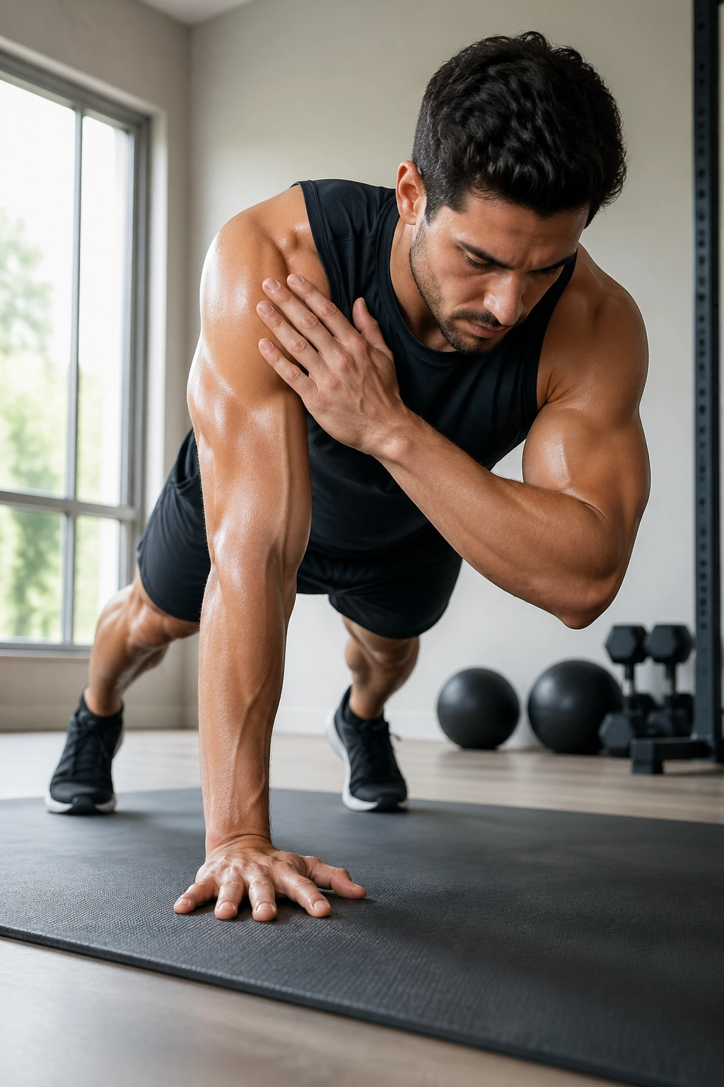 Person in high plank performing shoulder taps with minimal hip movement