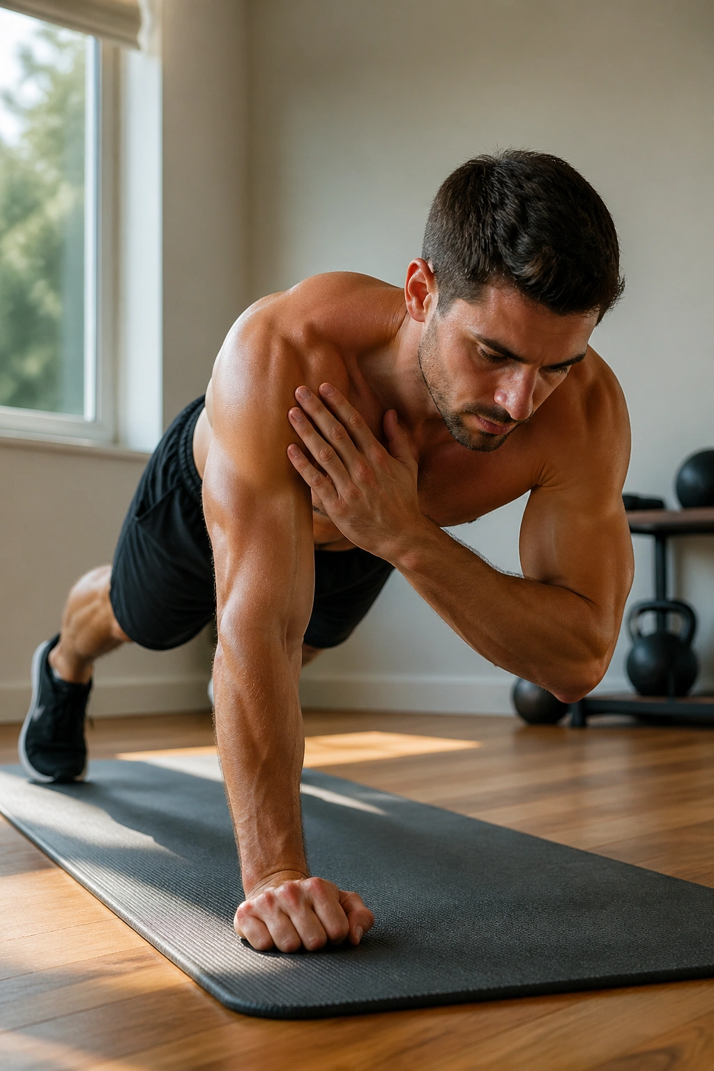 Close-up of a fit person in forearm plank performing shoulder taps with hips steady on a yoga mat