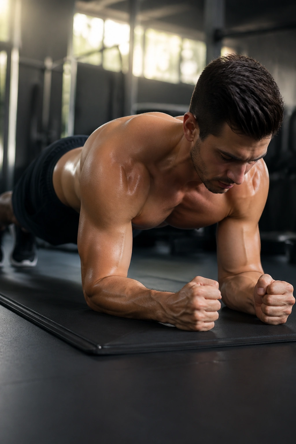 Close-up of a person in a front plank with perfect form on a gym mat