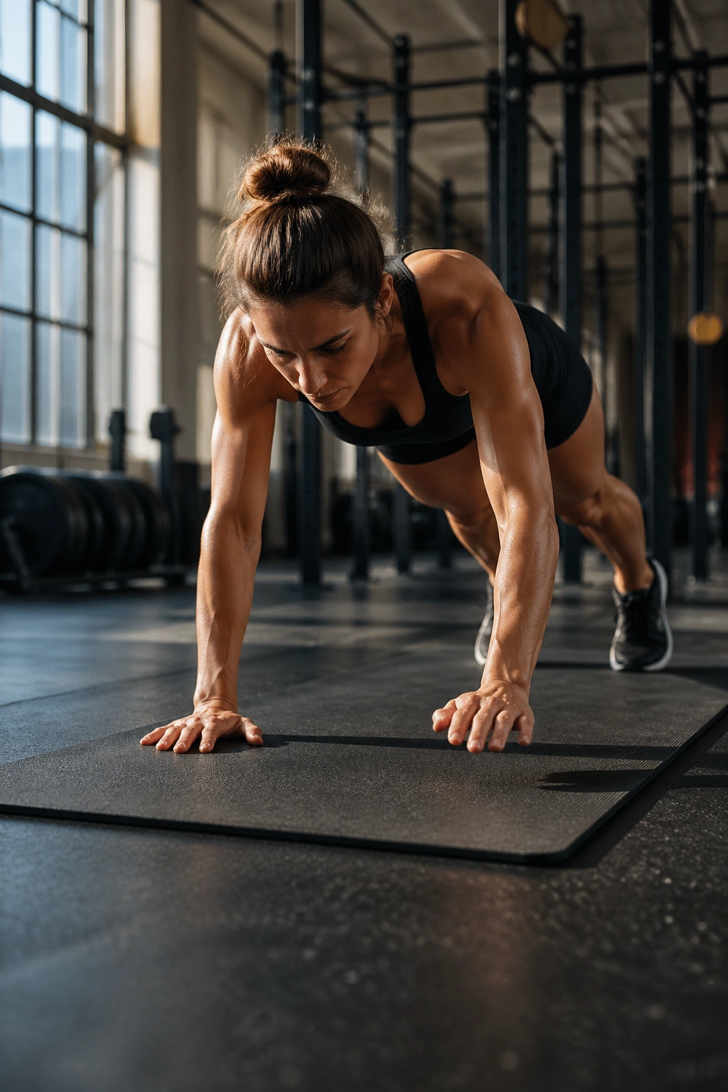 Full-body plank walk with hands moving forward on a mat