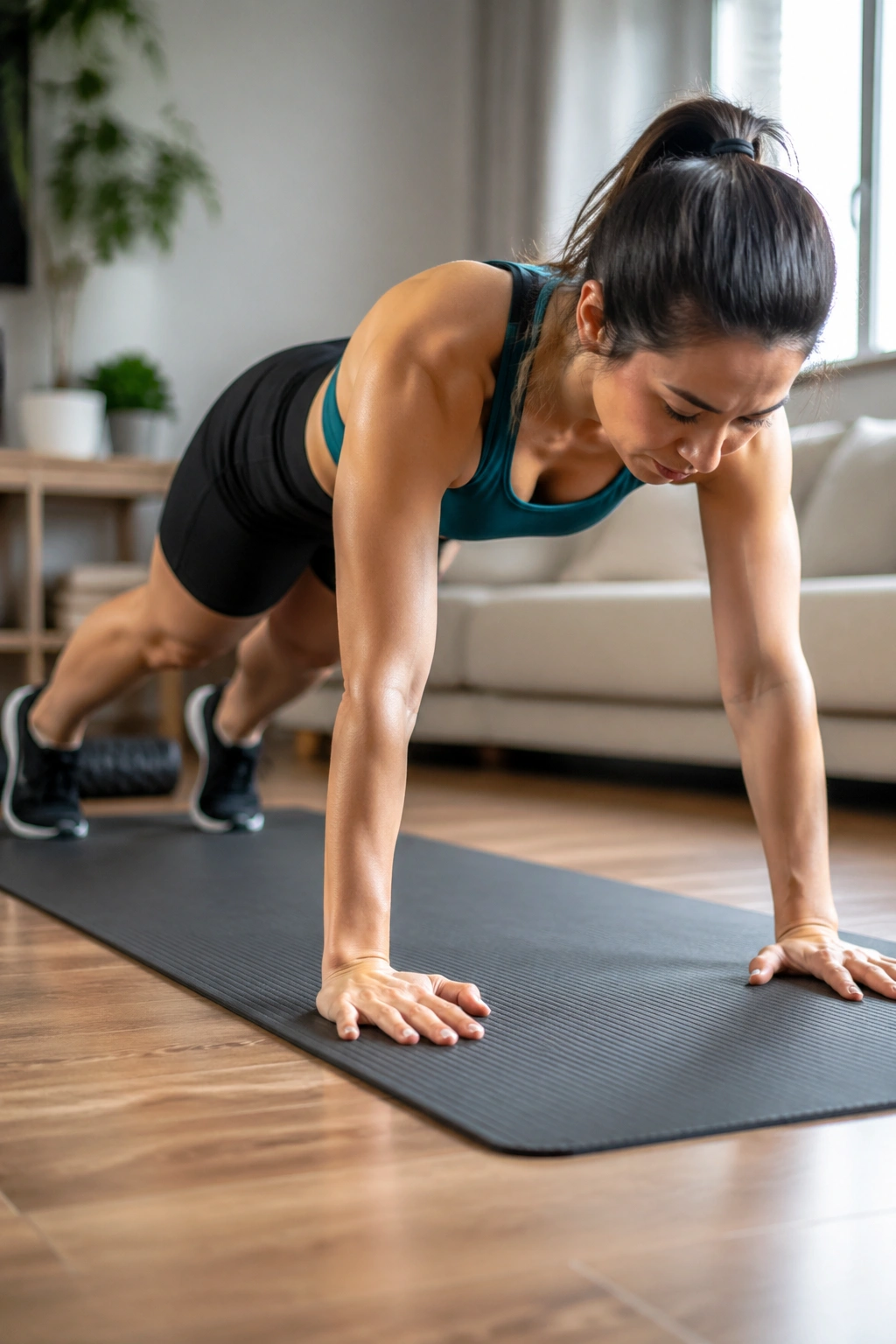 Person performing plank walkouts on a mat with a braced core.