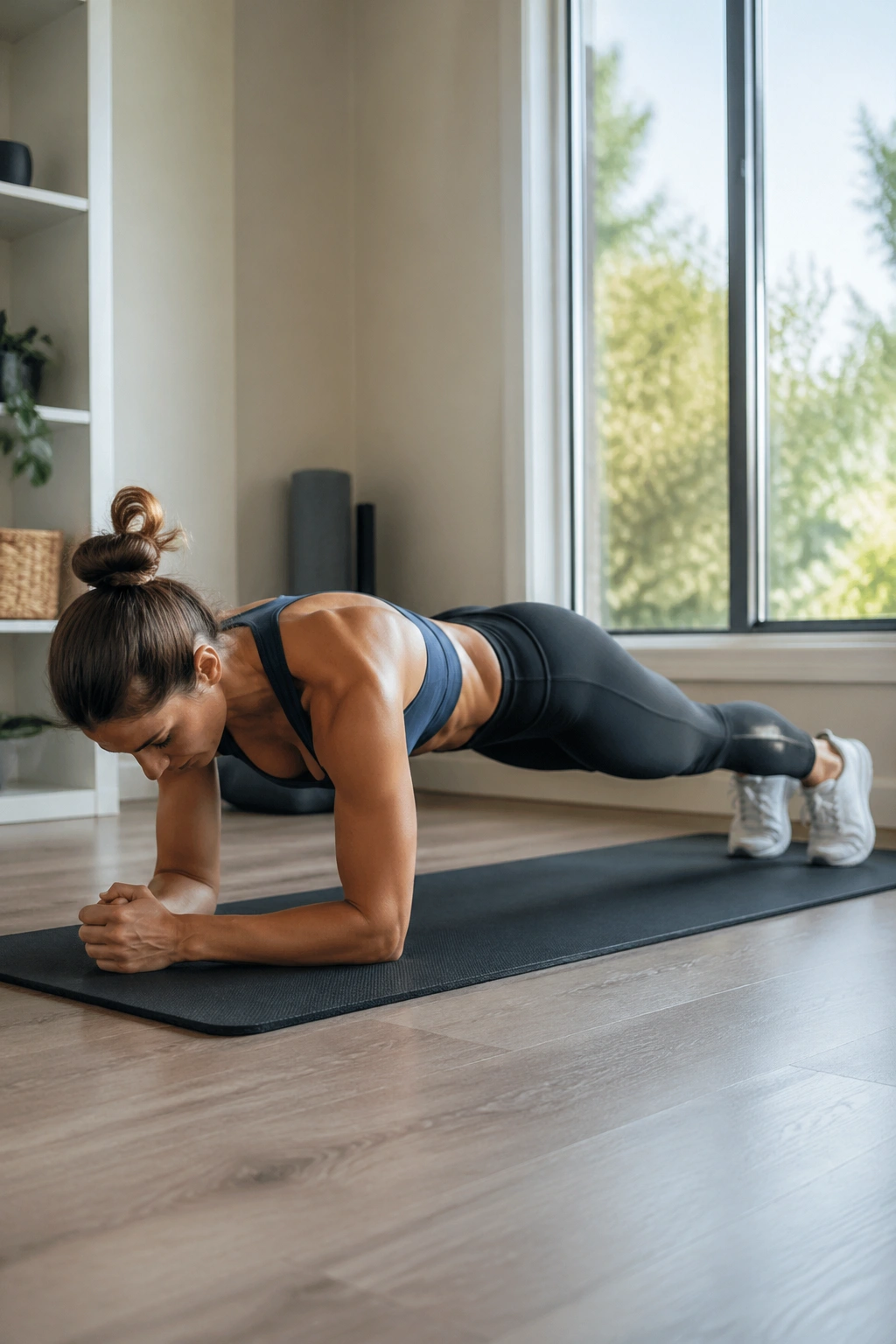 Person in forearm plank on a mat in a sunlit room