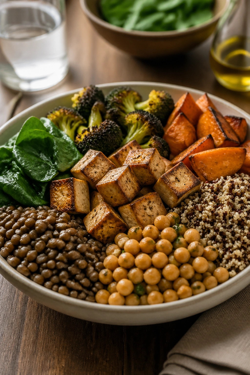 Plate featuring tofu, lentils, beans, and vegetables showing plant-based protein balance