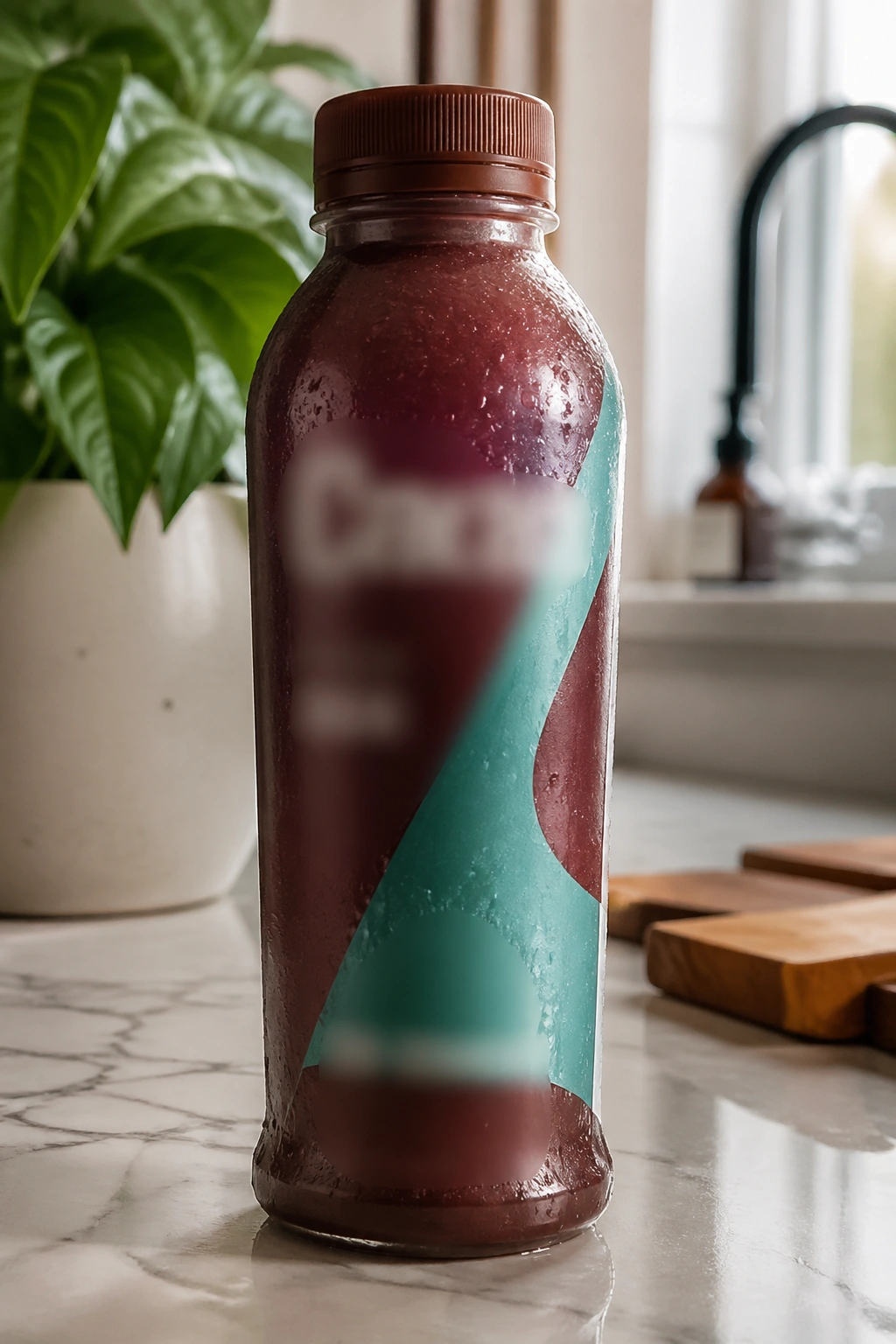 Close-up of an OWYN Plant-Based Protein Shake bottle on a kitchen counter, cold and unbranded