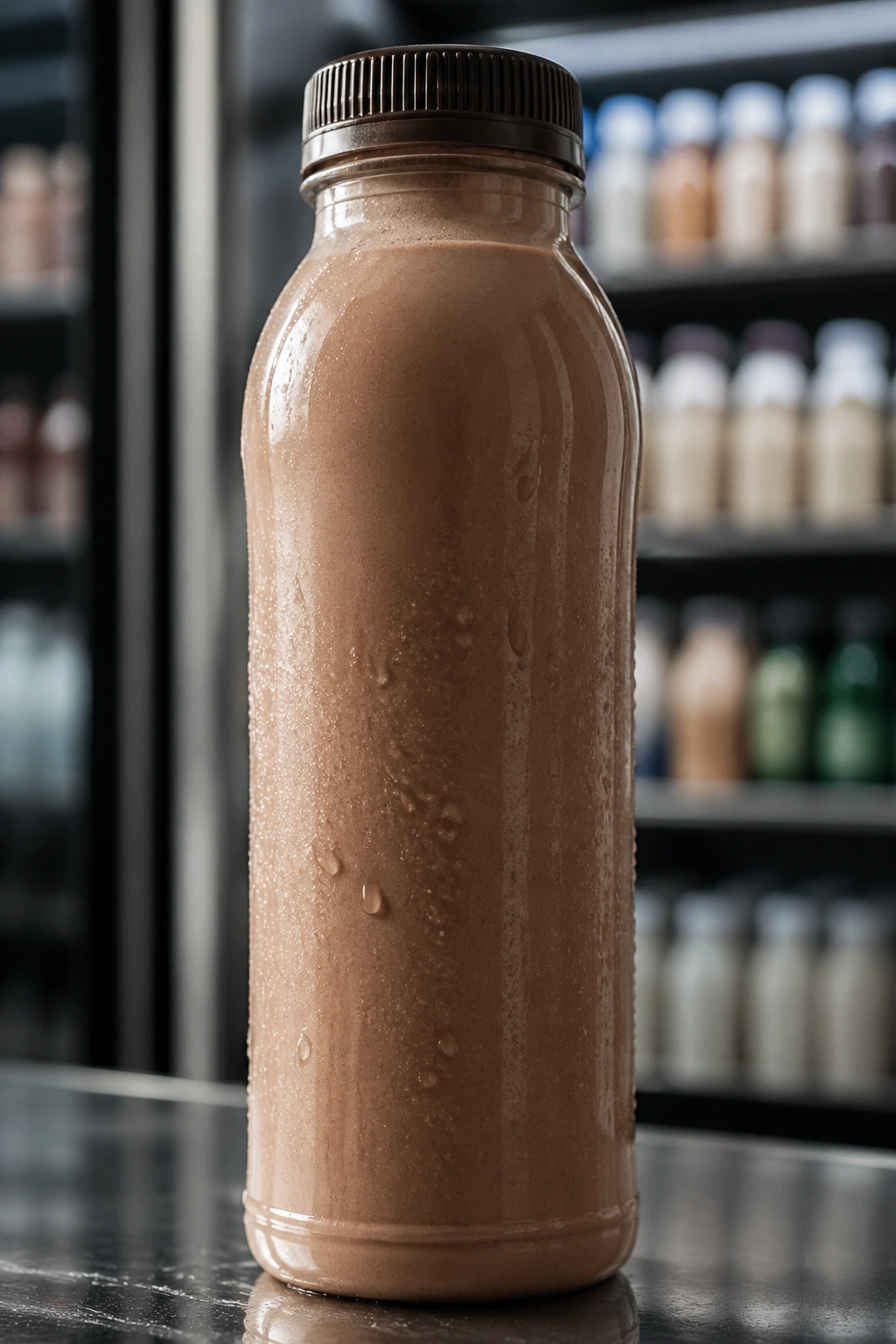 Close-up of an Evolve Plant-Based Protein Shake bottle on a kitchen counter
