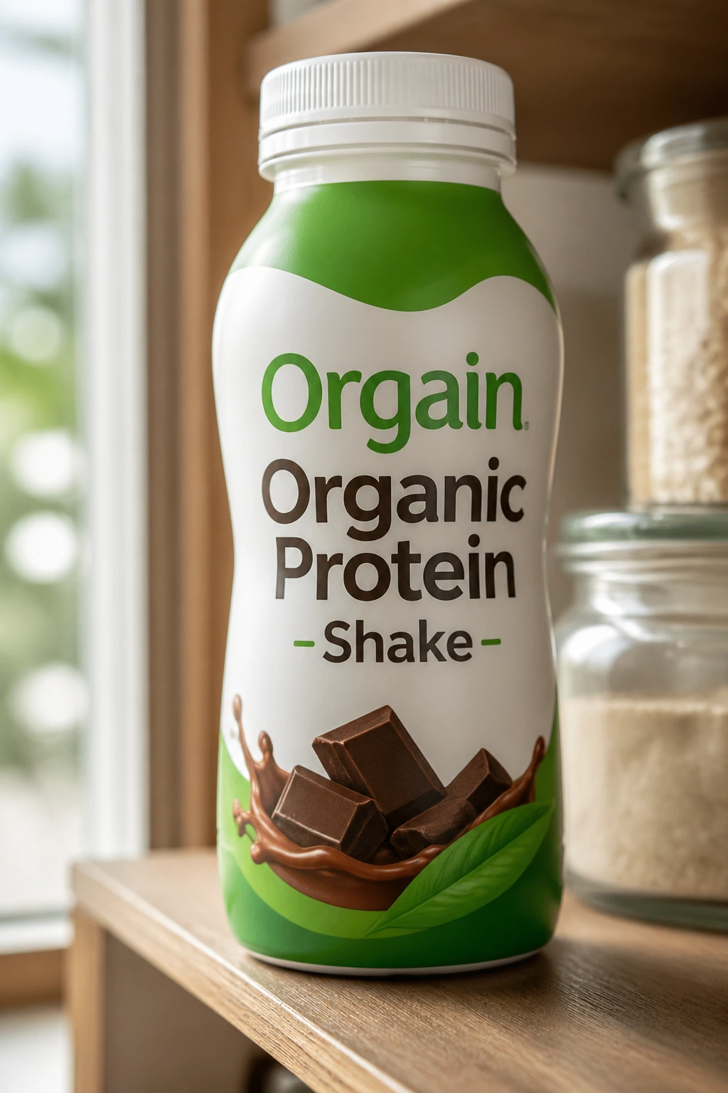 Close-up of a blank-label plant-based protein shake bottle on a pantry shelf