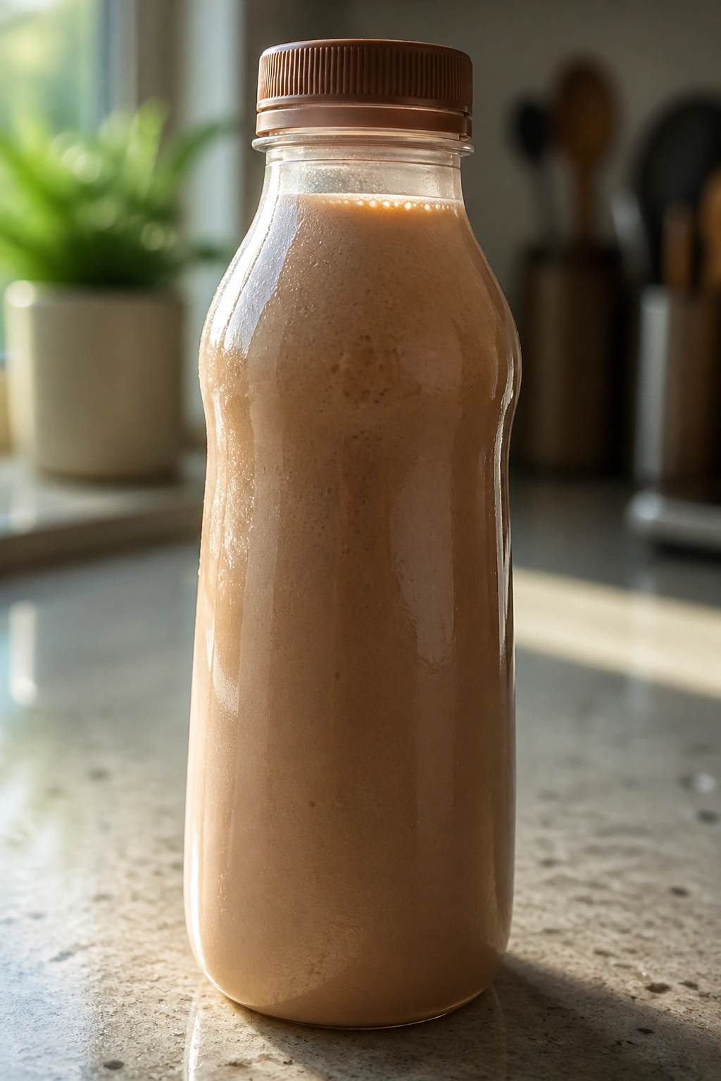 Close-up of a Ripple Protein Shake bottle on a kitchen counter