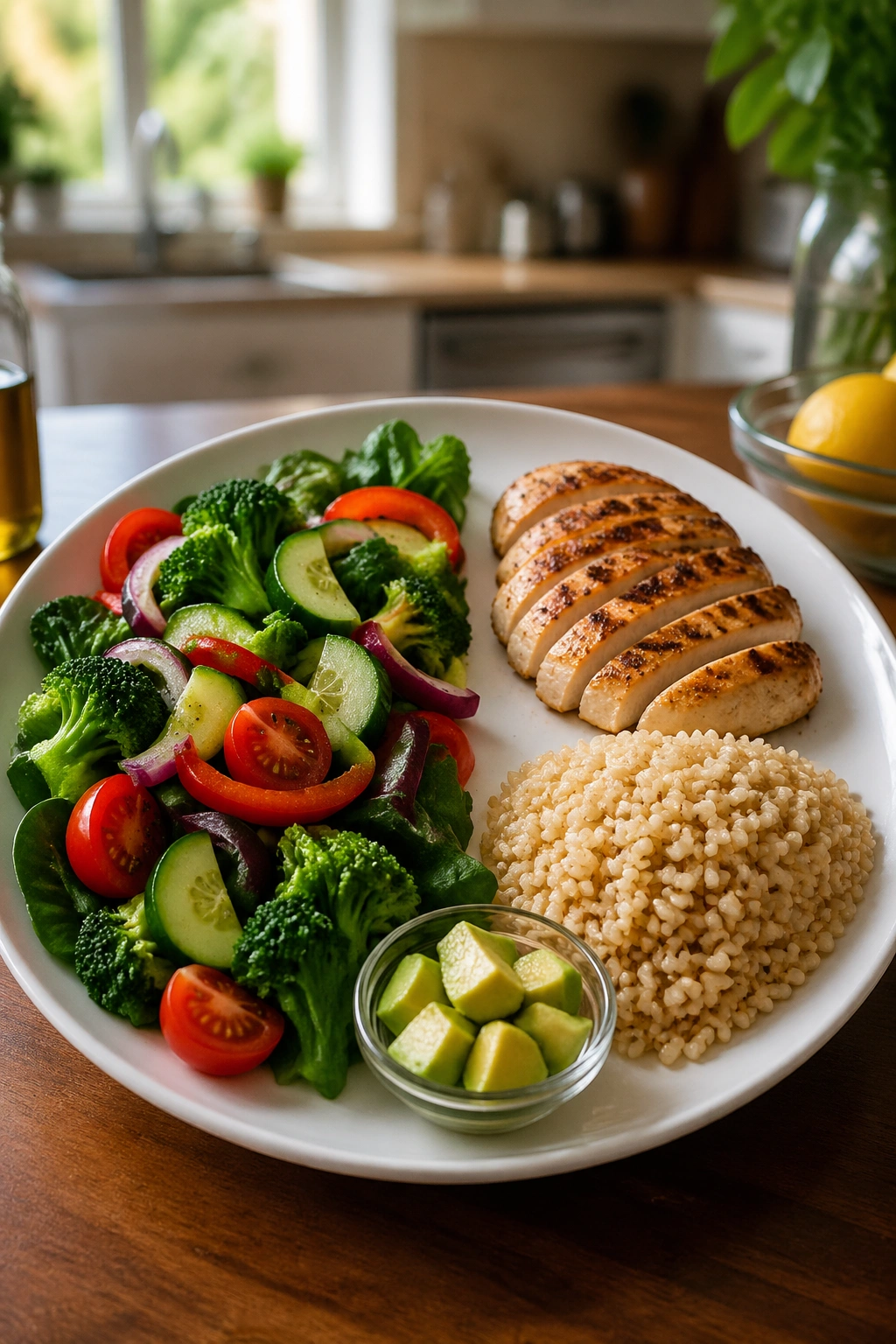 Plate showing half vegetables, quarter protein, quarter carbs, and small fat portion