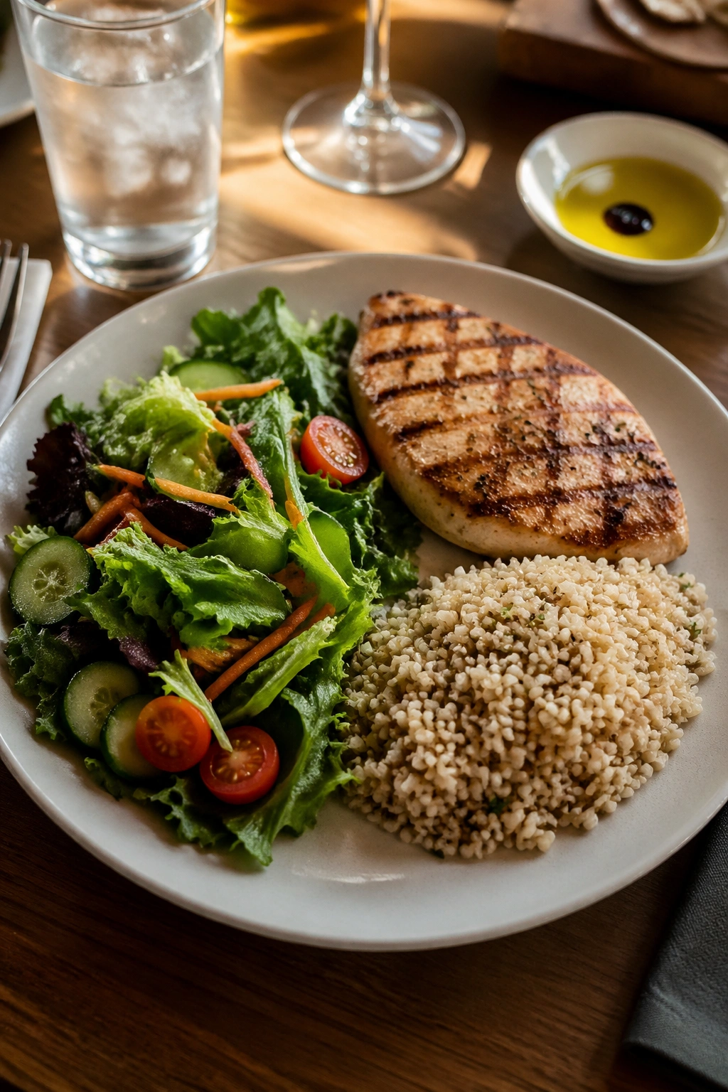 Close-up of a plate showing balanced portions of vegetables, protein, and starch