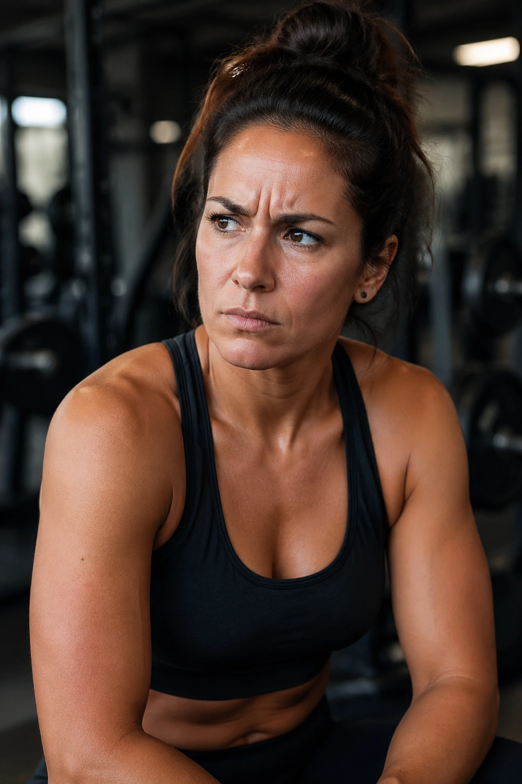 Close-up of a real woman in a gym showing frustration during a plateau