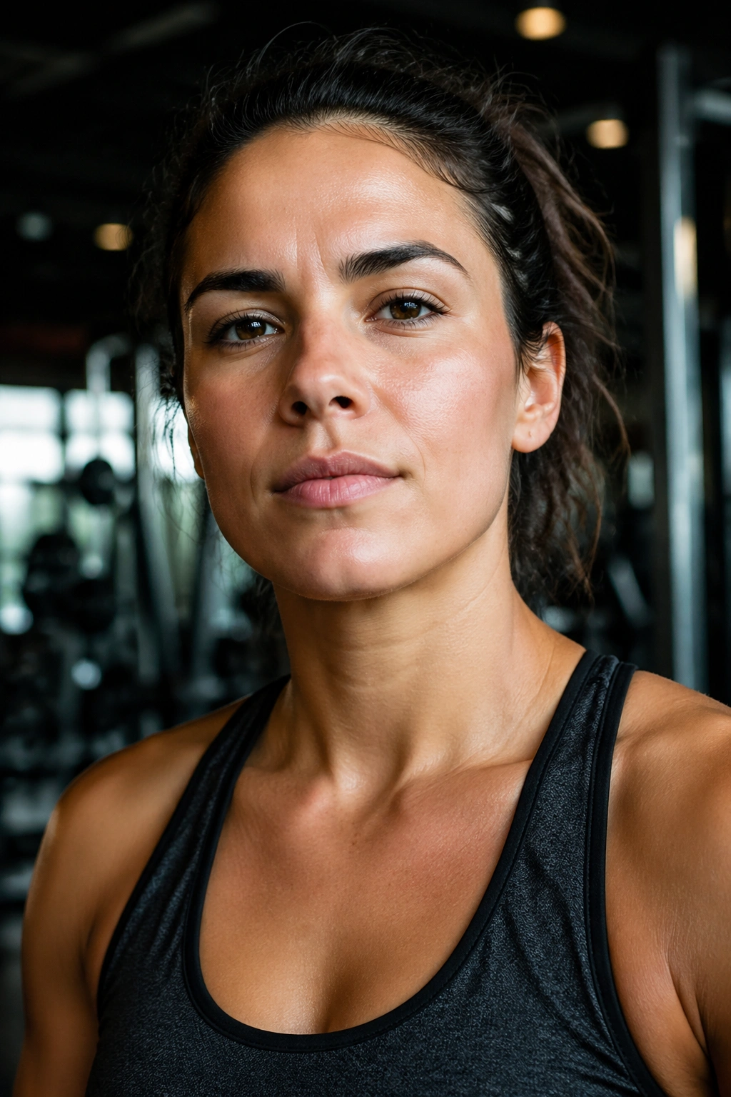 Portrait of a real person in a gym with a calm, determined expression