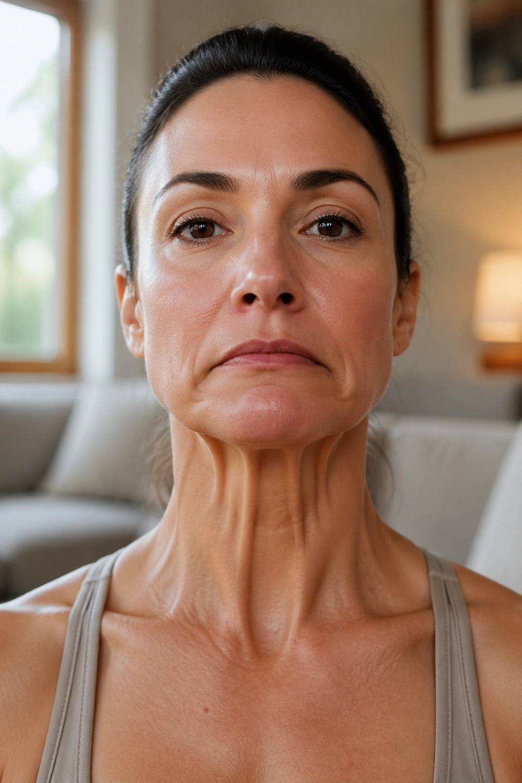 Close-up of a real person performing platysma activation with a downward mouth pull.