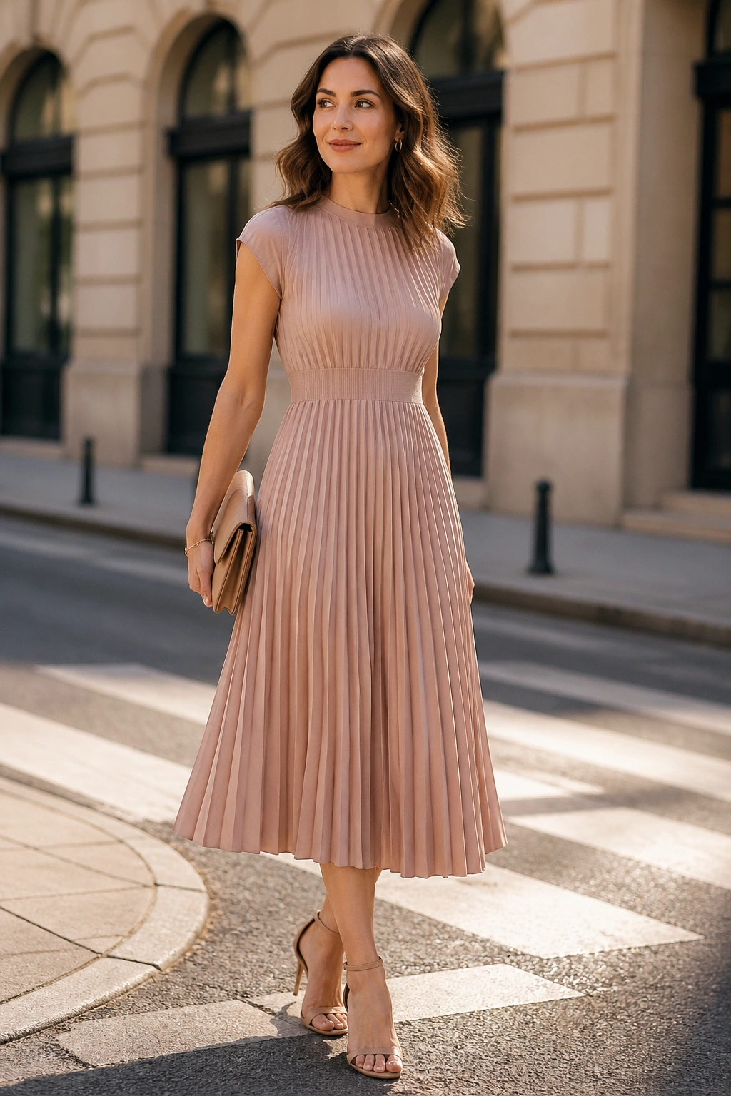 Woman in pleated midi dress with vertical knife pleats in an urban setting