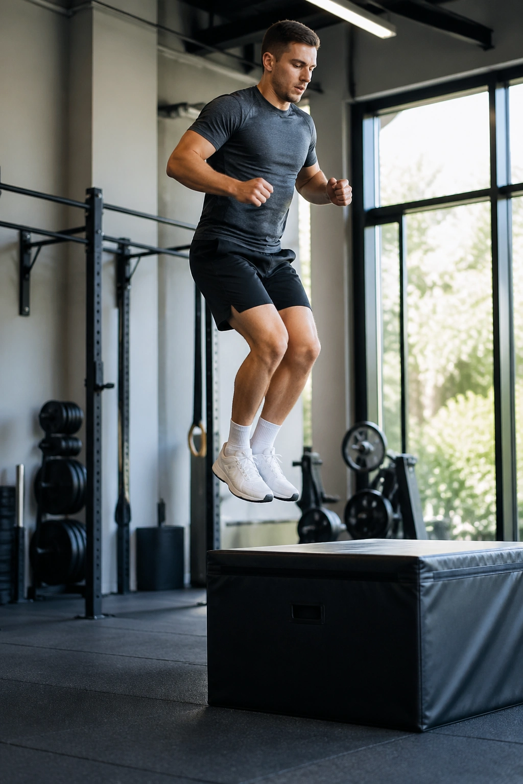 Person performing pogo jump on gym mat