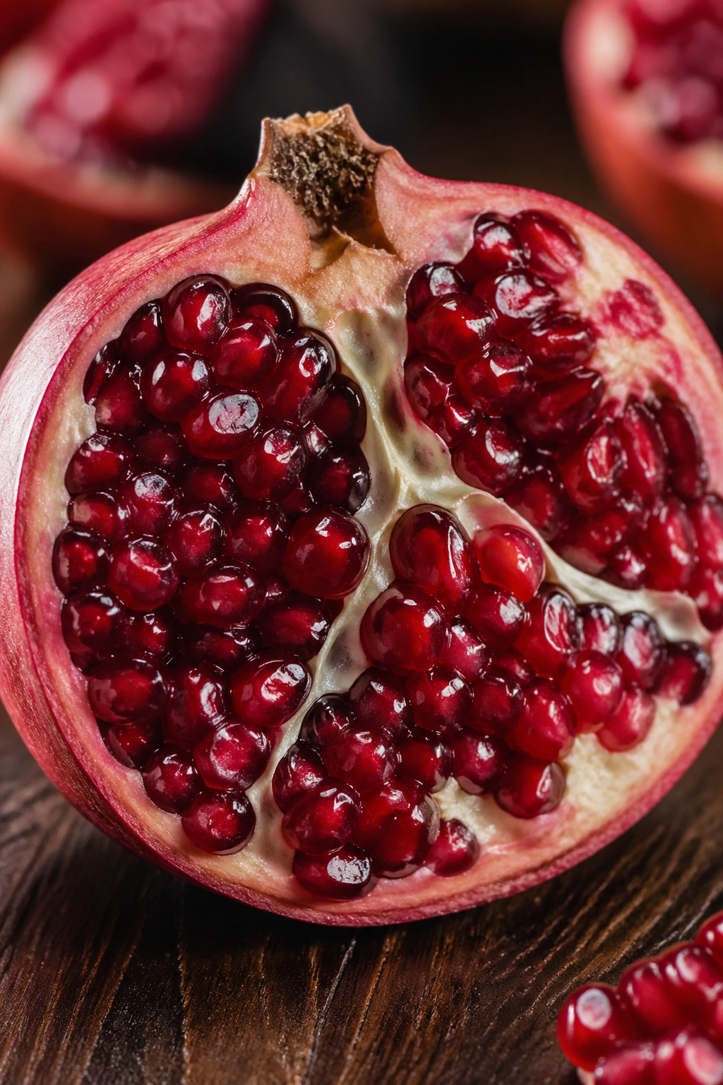 Halved pomegranate showing ruby arils on a dark wooden table