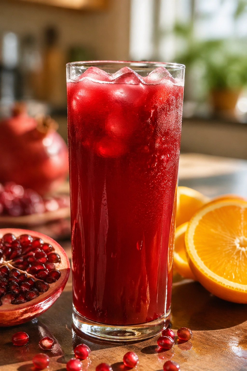 Close-up of a glass of deep red pomegranate citrus juice on a warm kitchen counter.