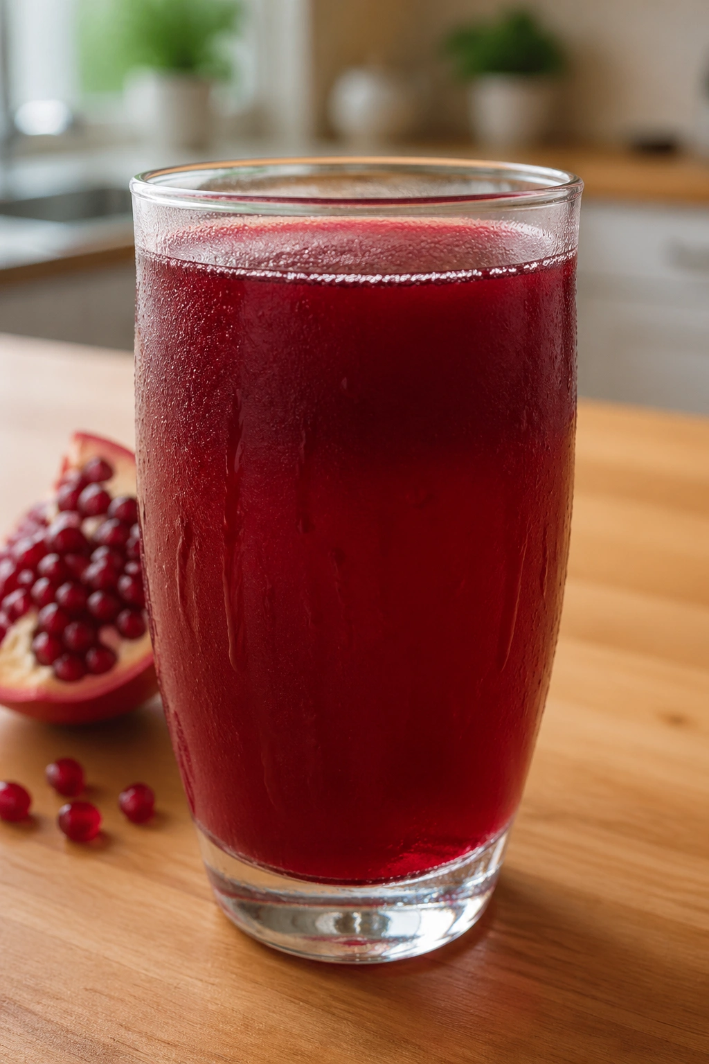 Glass of deep red pomegranate juice with condensation.