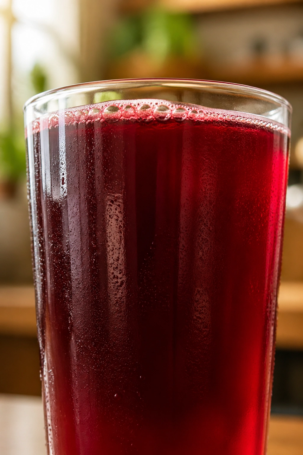 Close-up of a glass of pomegranate juice on a rustic kitchen counter with deep ruby color
