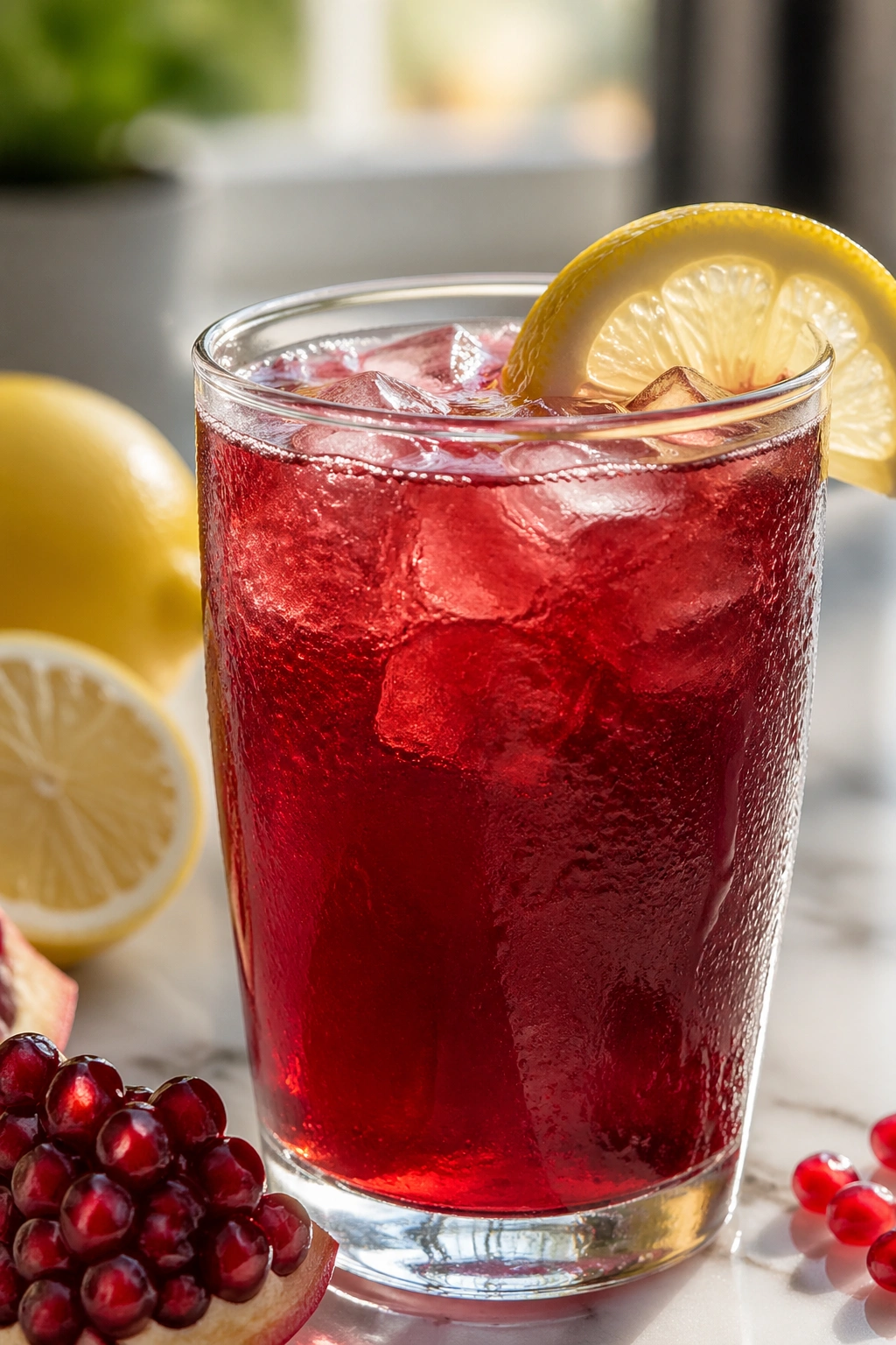 Close-up of pomegranate lemon strength sipper with lemon wedge