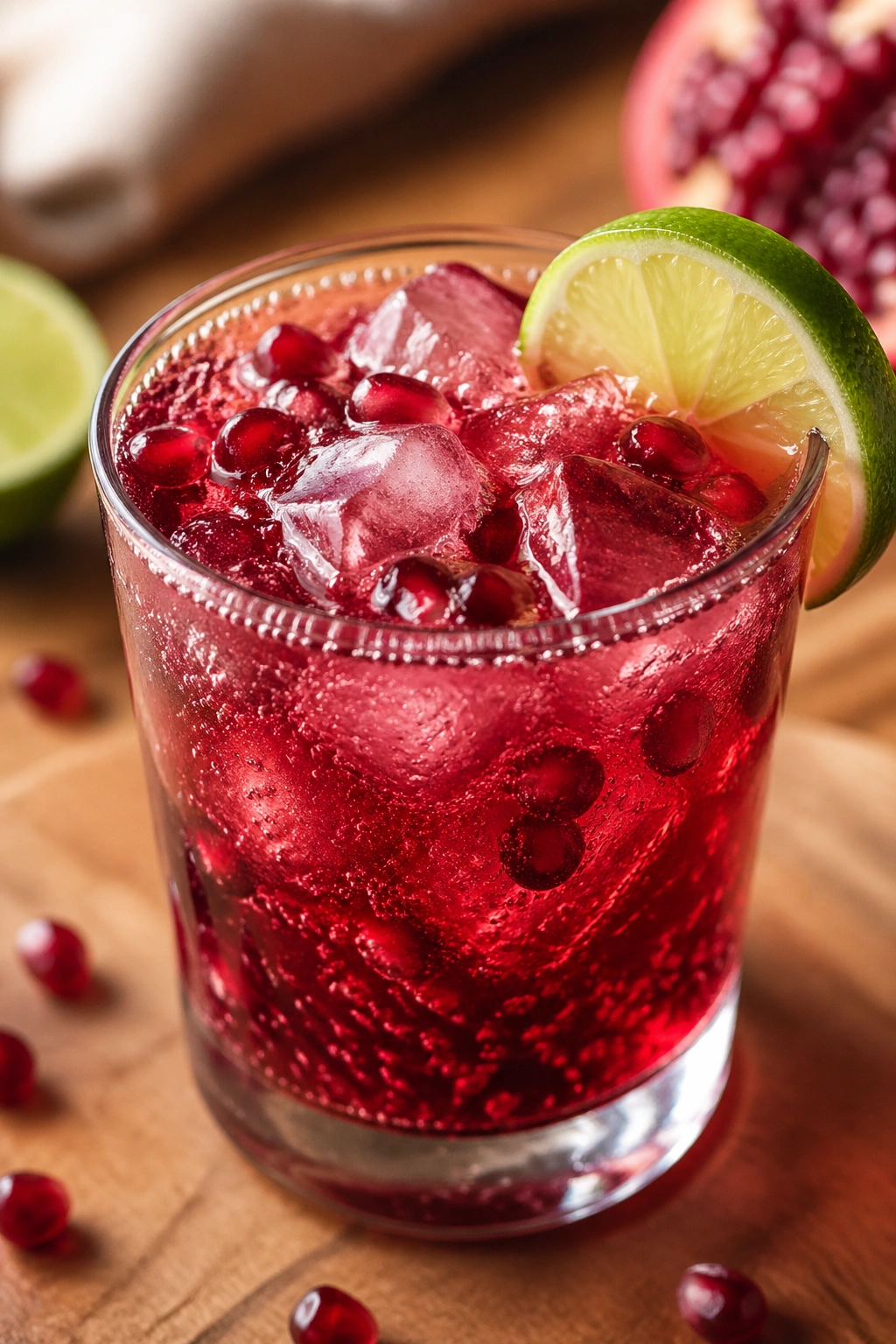 Close-up of a ruby-red Pomegranate Lime Cooler in a glass with ice on a wooden kitchen counter.