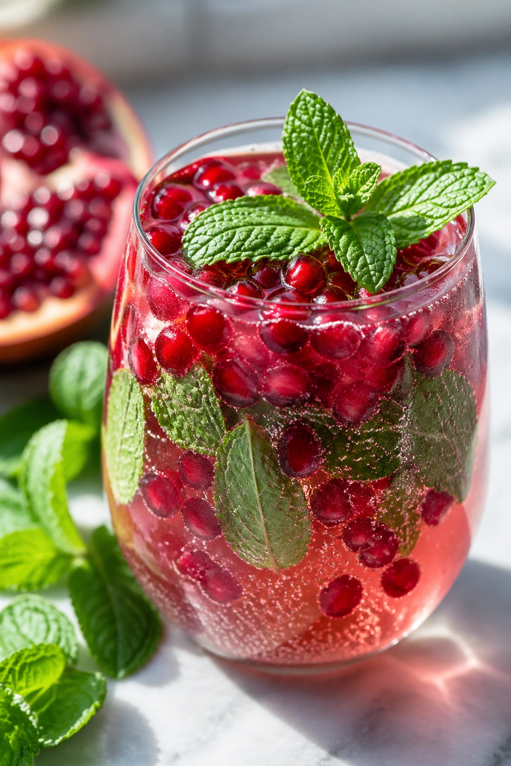 Glass of diluted pomegranate juice with mint leaves.