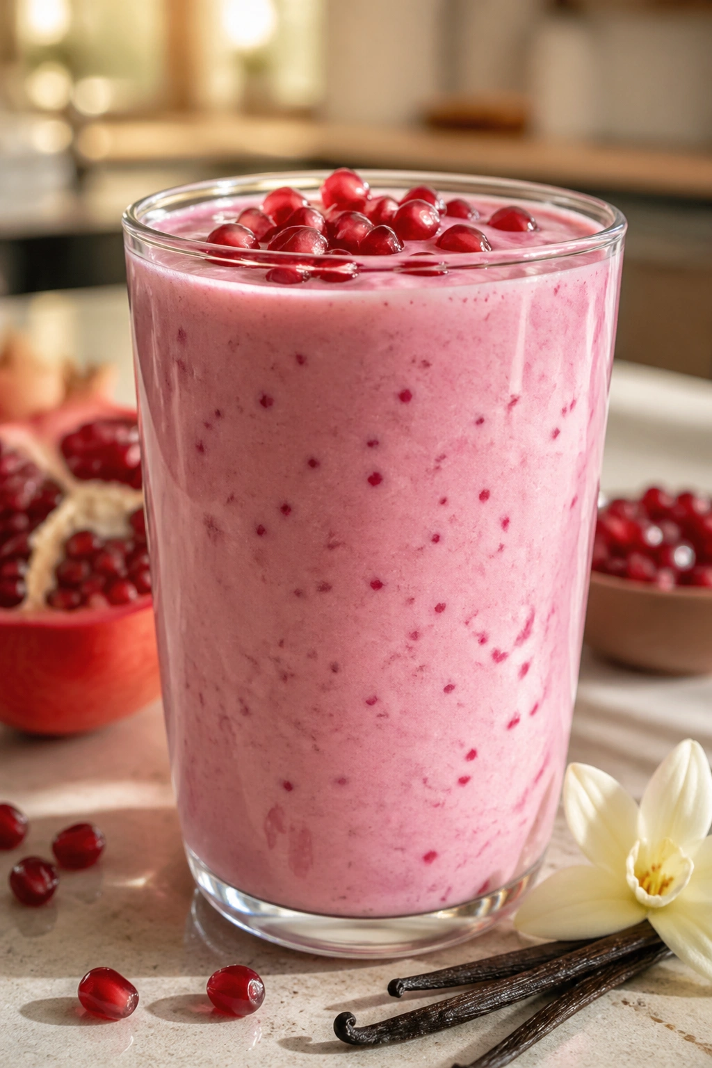 Close-up of Pomegranate Vanilla Yogurt Shake in a glass with warm kitchen light