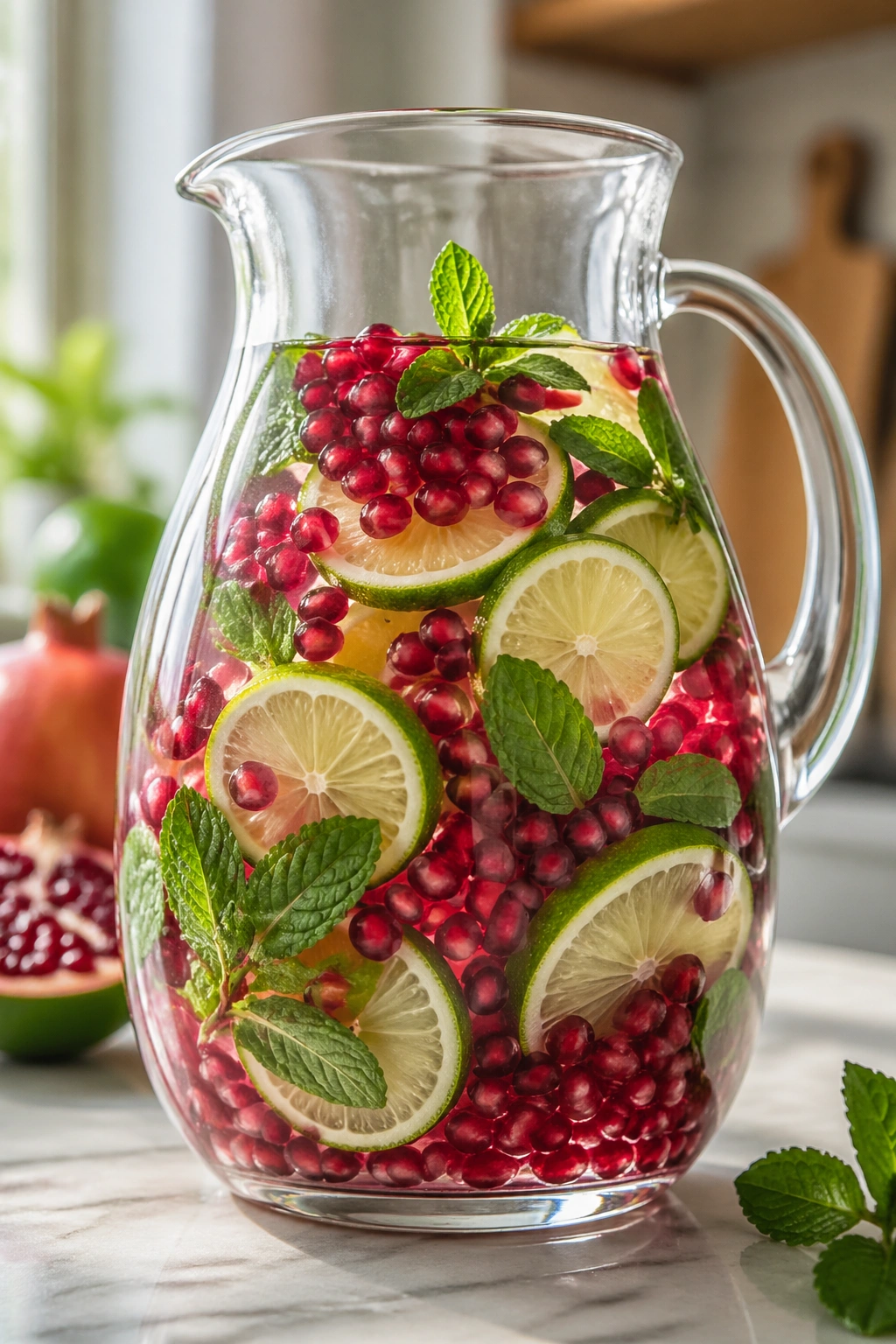 Close-up of pomegranate lime mint water in a glass pitcher with arils, lime, and mint