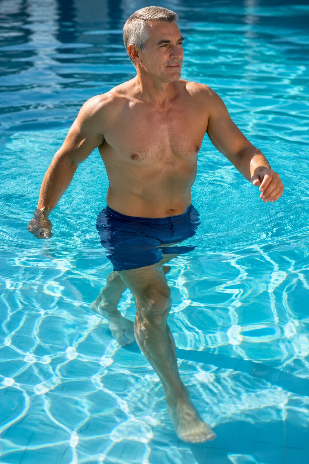 Person waist-deep in pool performing water walking, water ripples around