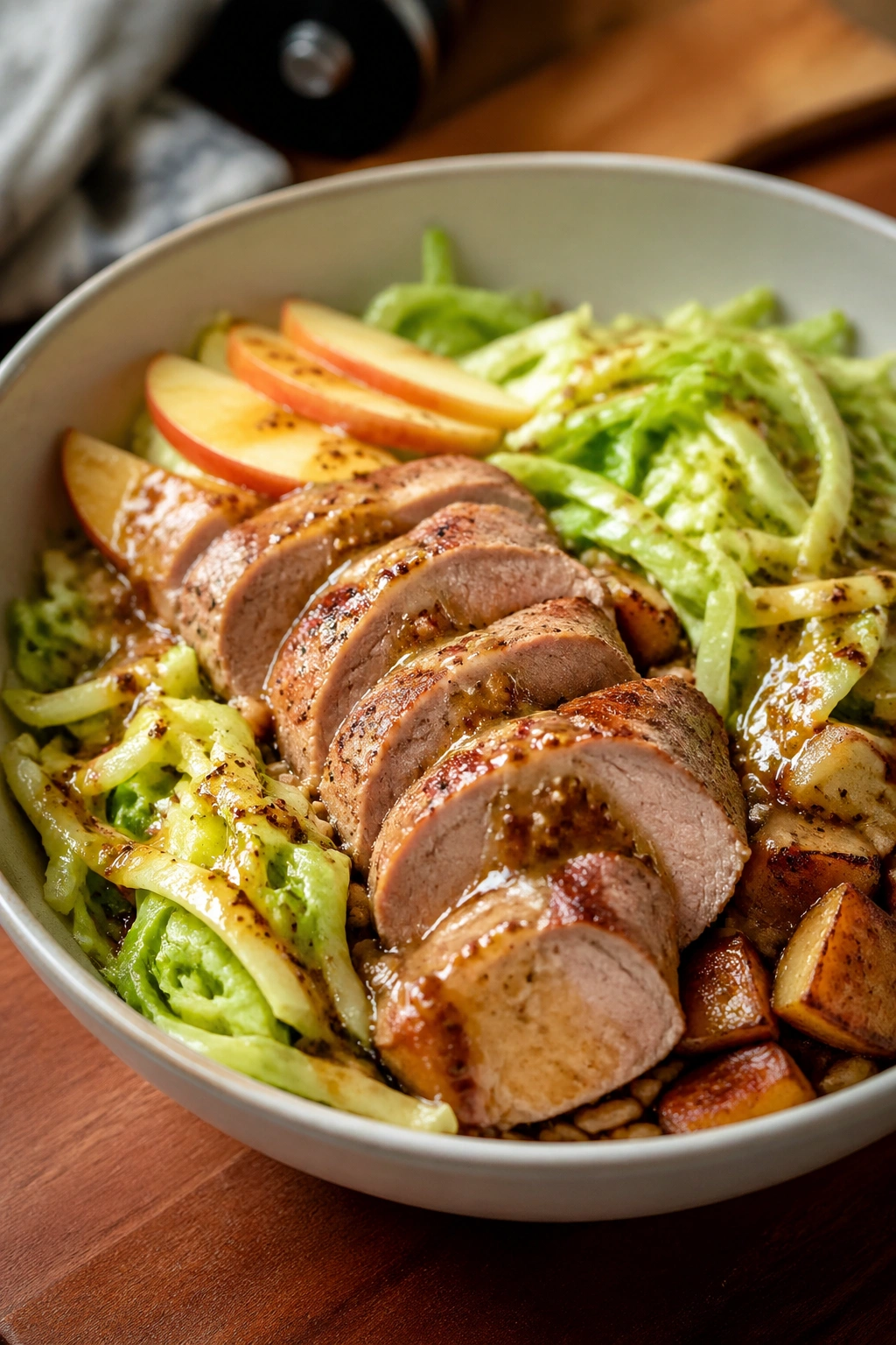 Close-up of Pork Tenderloin Apple Cabbage Bowl with pork, apples, and cabbage