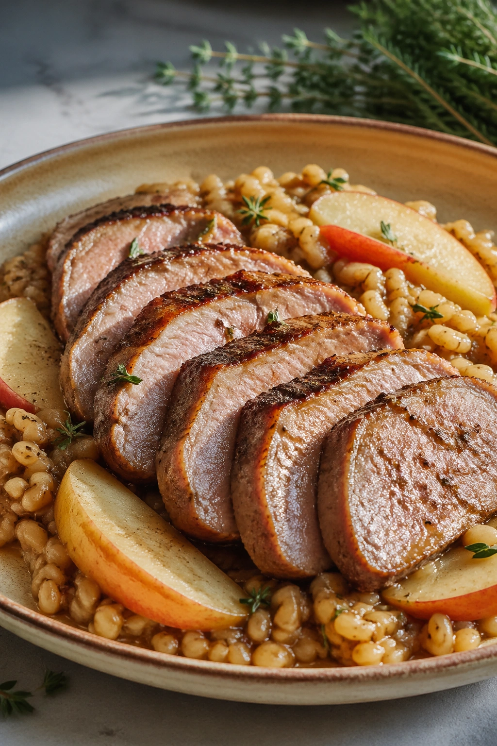 Sliced pork tenderloin with barley and apples on a warm plate