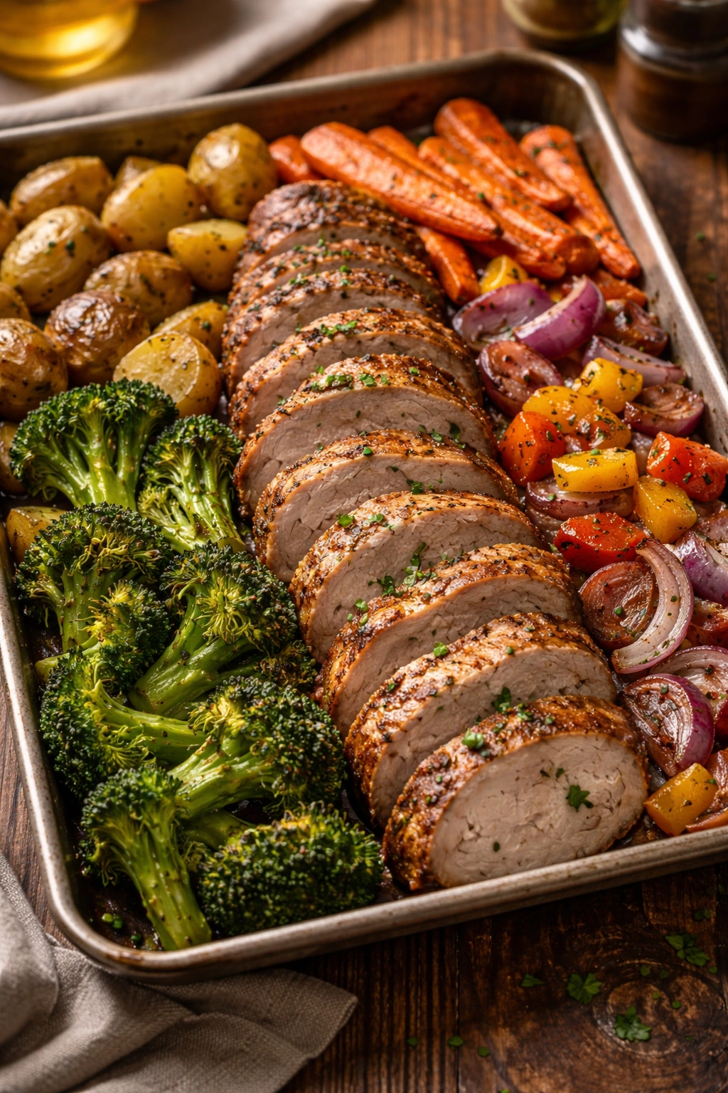 Close-up of pork tenderloin and roasted vegetables on a sheet pan