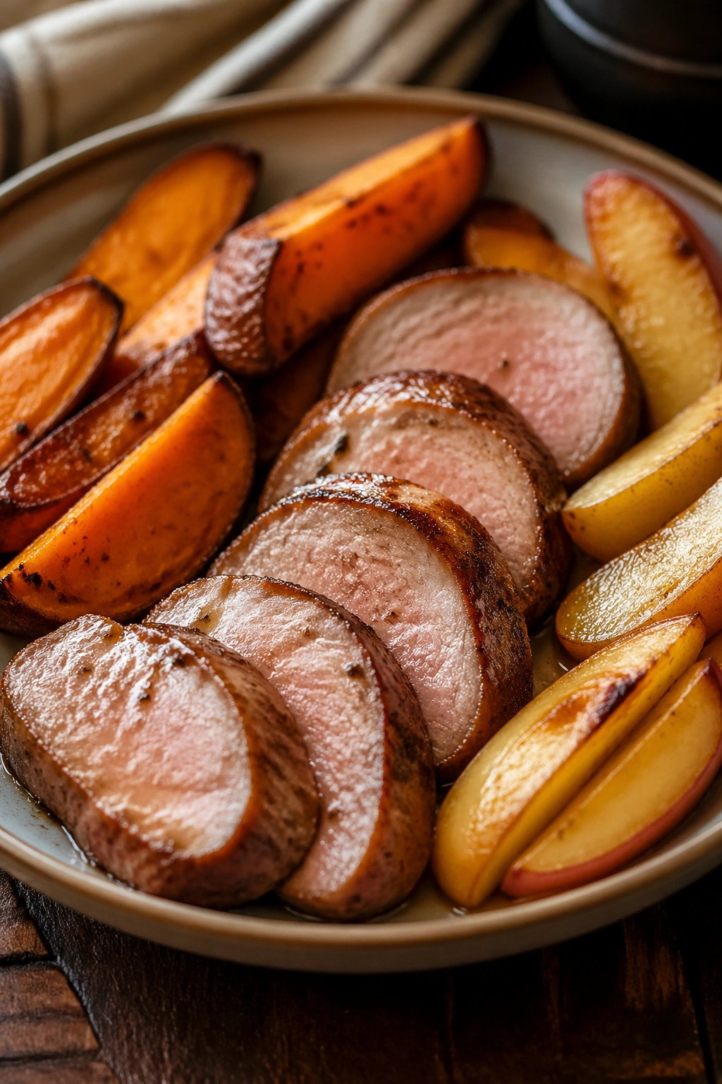 Close-up of Pork Tenderloin with Sweet Potatoes and Apples plated for lunch