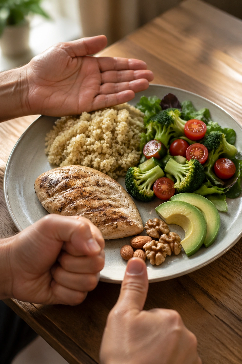 Plate with balanced portions and a hand showing the hand-portion method