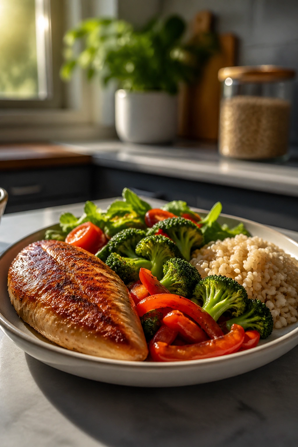 Close-up plate with protein, vegetables, and reduced starch portion on kitchen counter