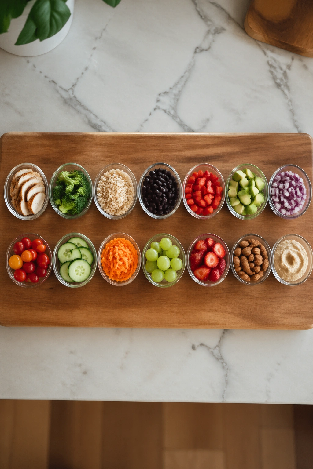 Two rows of seven portioned foods on a wooden board illustrating two weeks of tracking