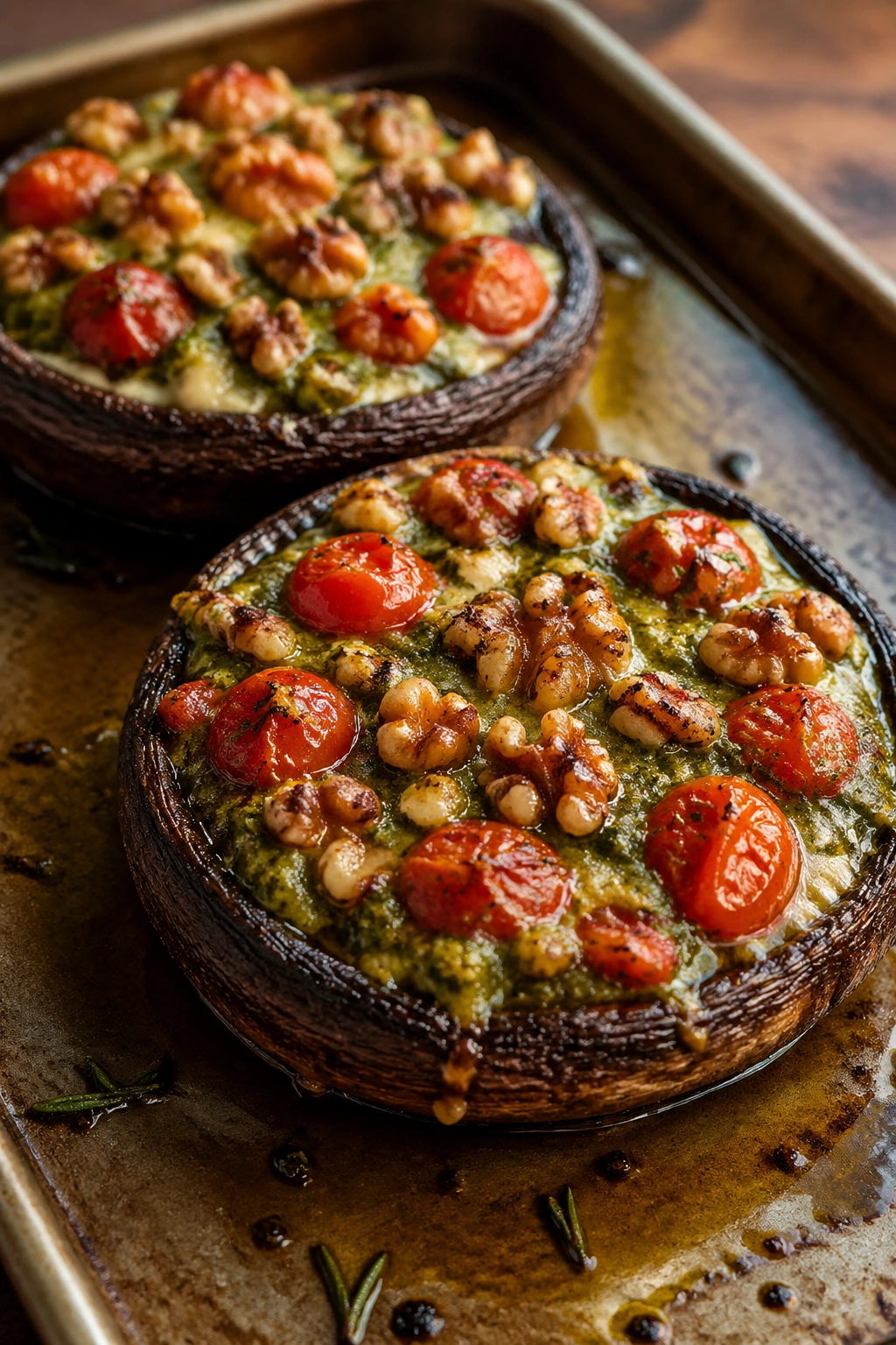 Close-up of stuffed portobello mushrooms with pesto and walnuts
