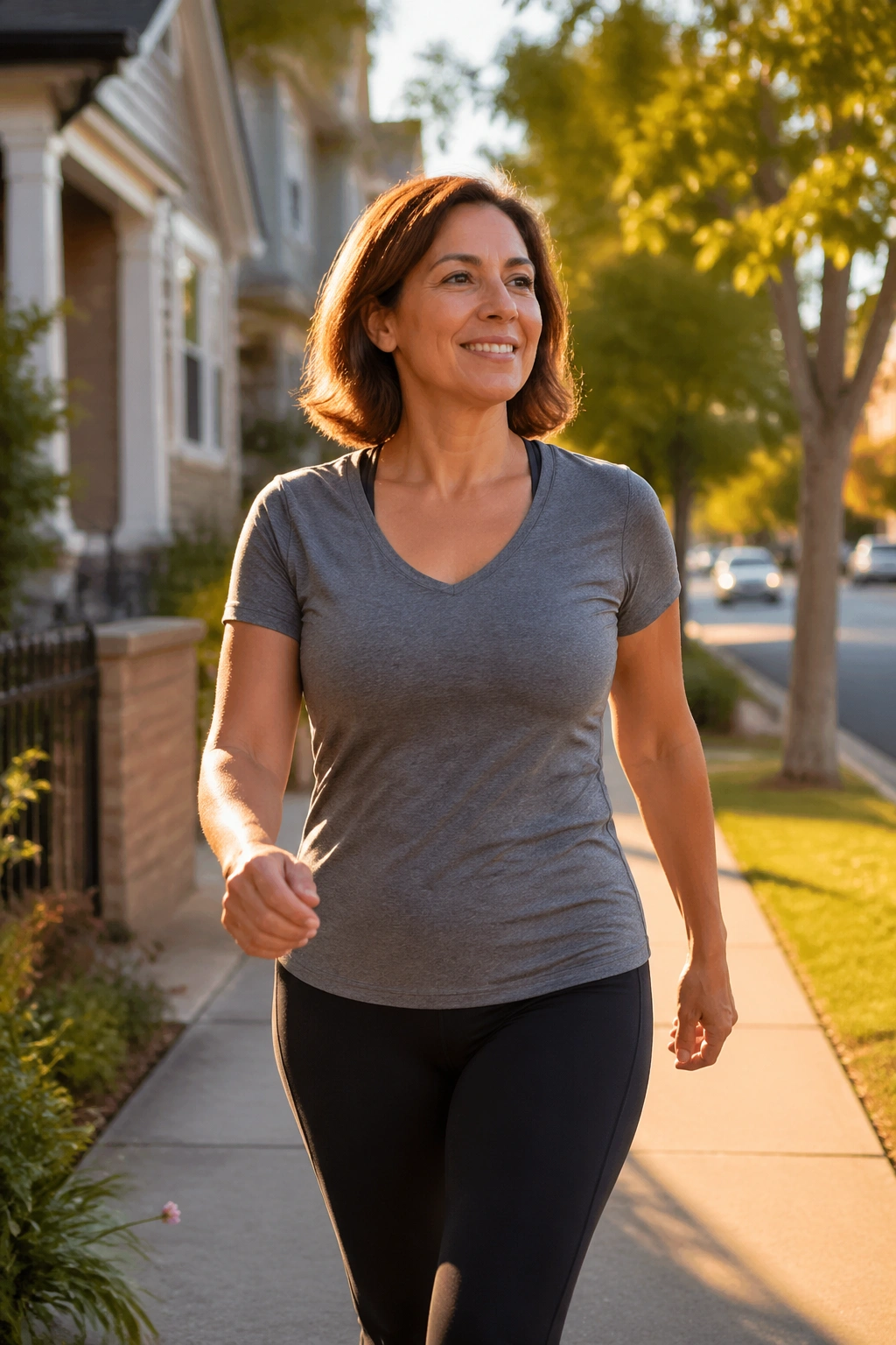Medium shot of a woman walking after a meal along a sunny street