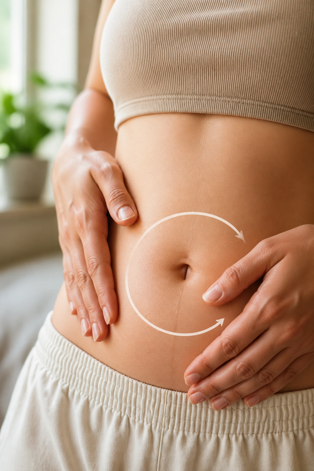 Close-up of a real person performing a gentle clockwise circle massage on the abdomen after a meal