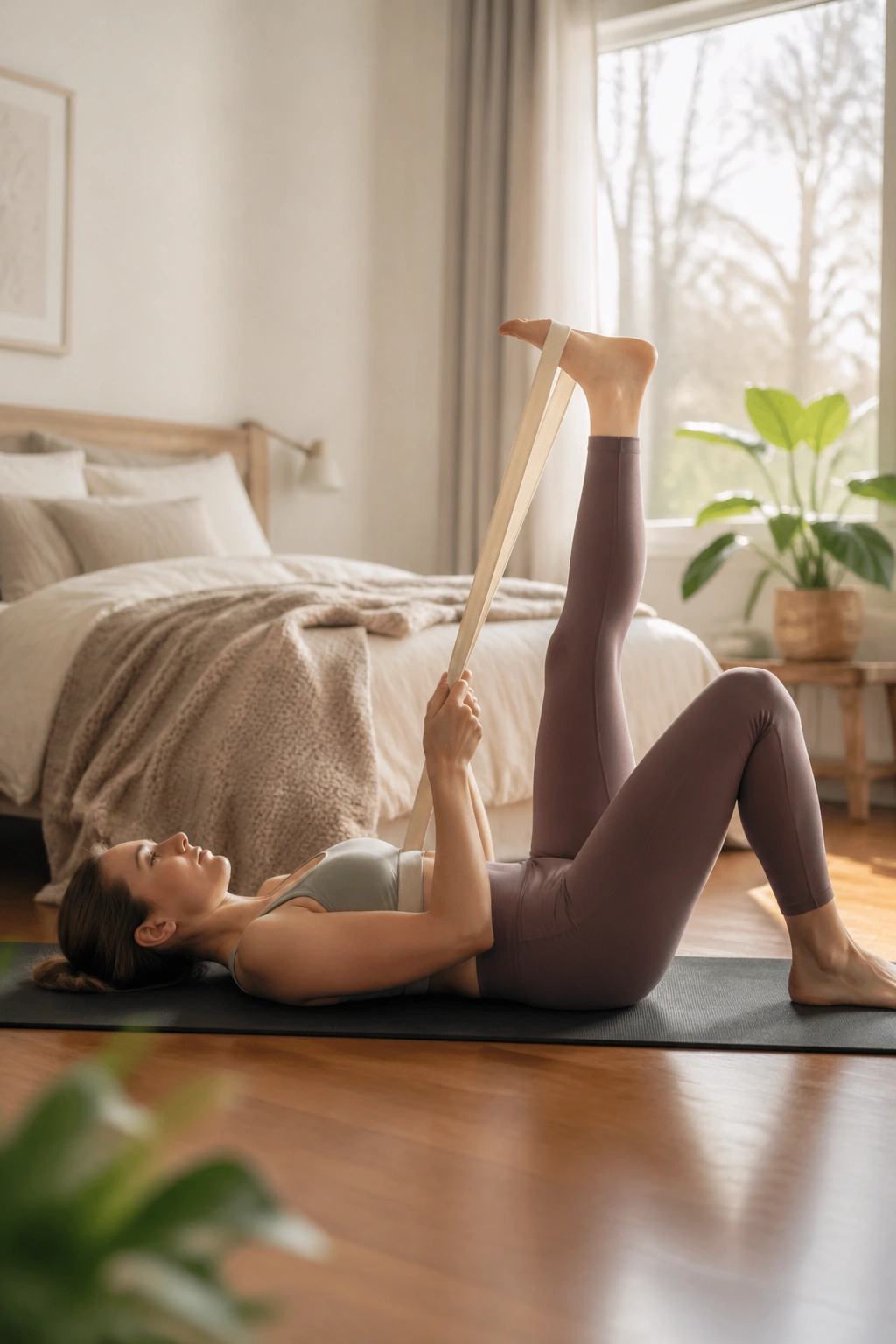 Person on mat performing calf stretch with strap after a walk