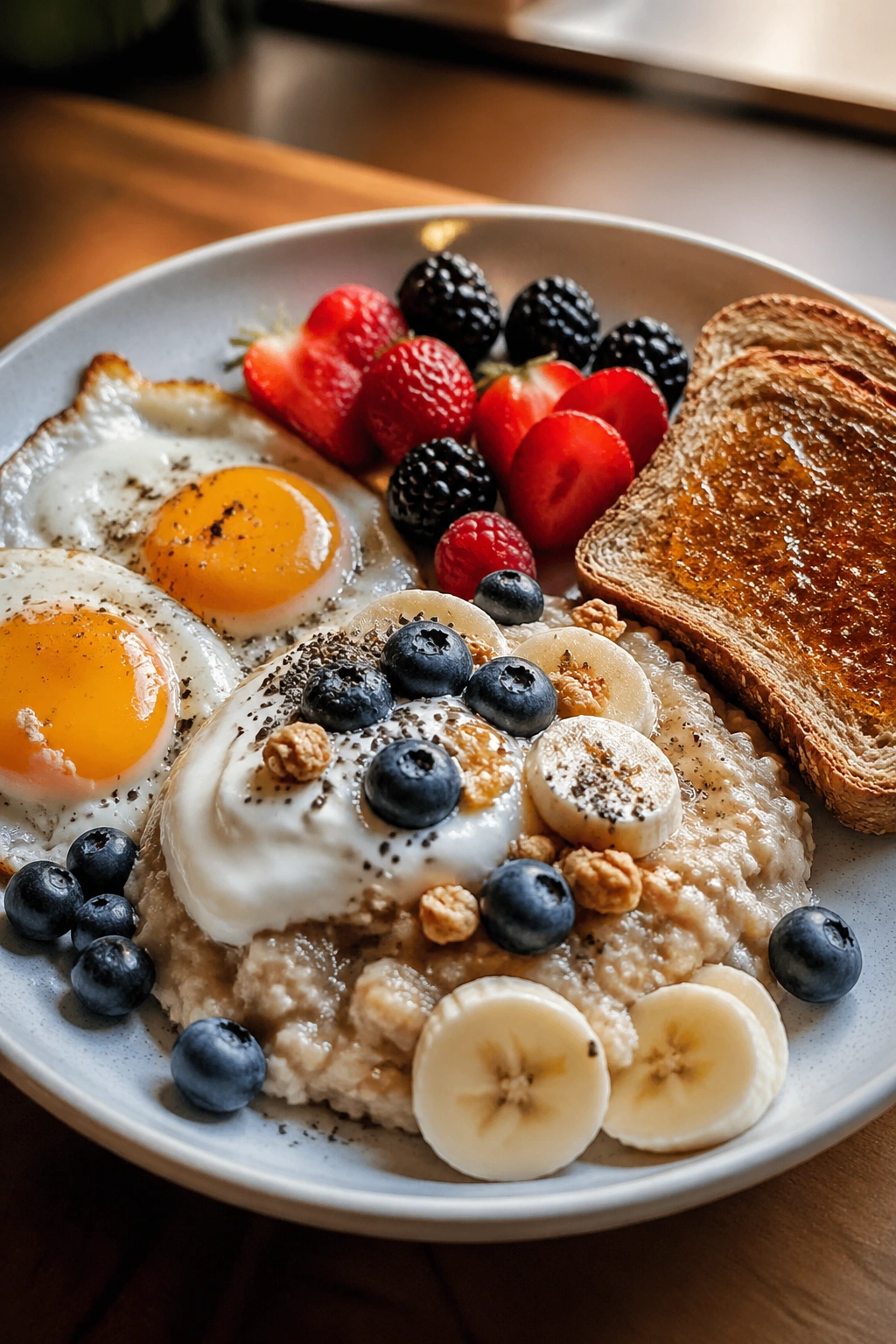 Plate of protein-forward post-workout breakfast with eggs, yogurt oats, banana, berries, and toast.