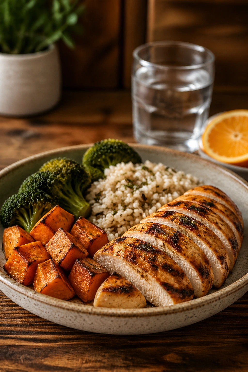 Close-up of a post-workout chicken plate with orange slices and a glass of water on a wooden table