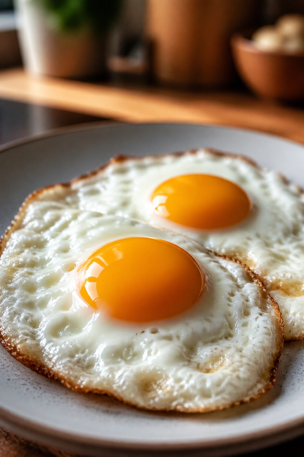 Close-up of a post-workout egg plate with two sunny-side-up eggs in a bright kitchen.