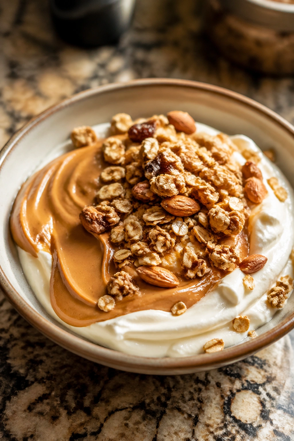 Close-up of a plate with yogurt, peanut butter swirl, and granola illustrating calorie-rich mistakes