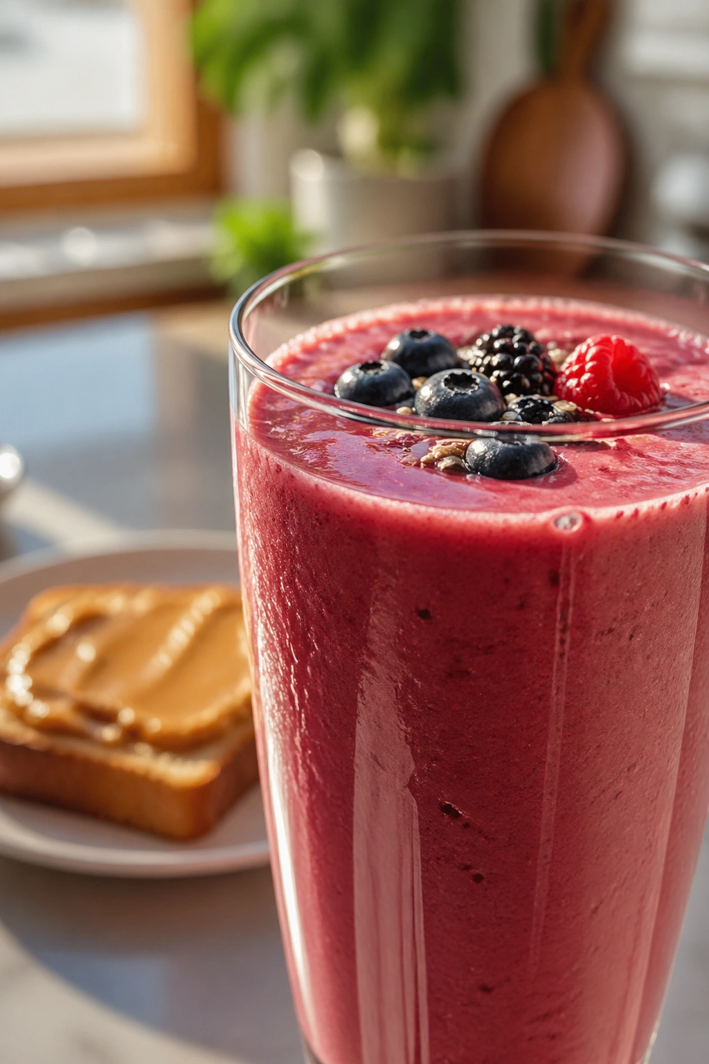 Close-up of a smoothie glass with a plate of toast in the background