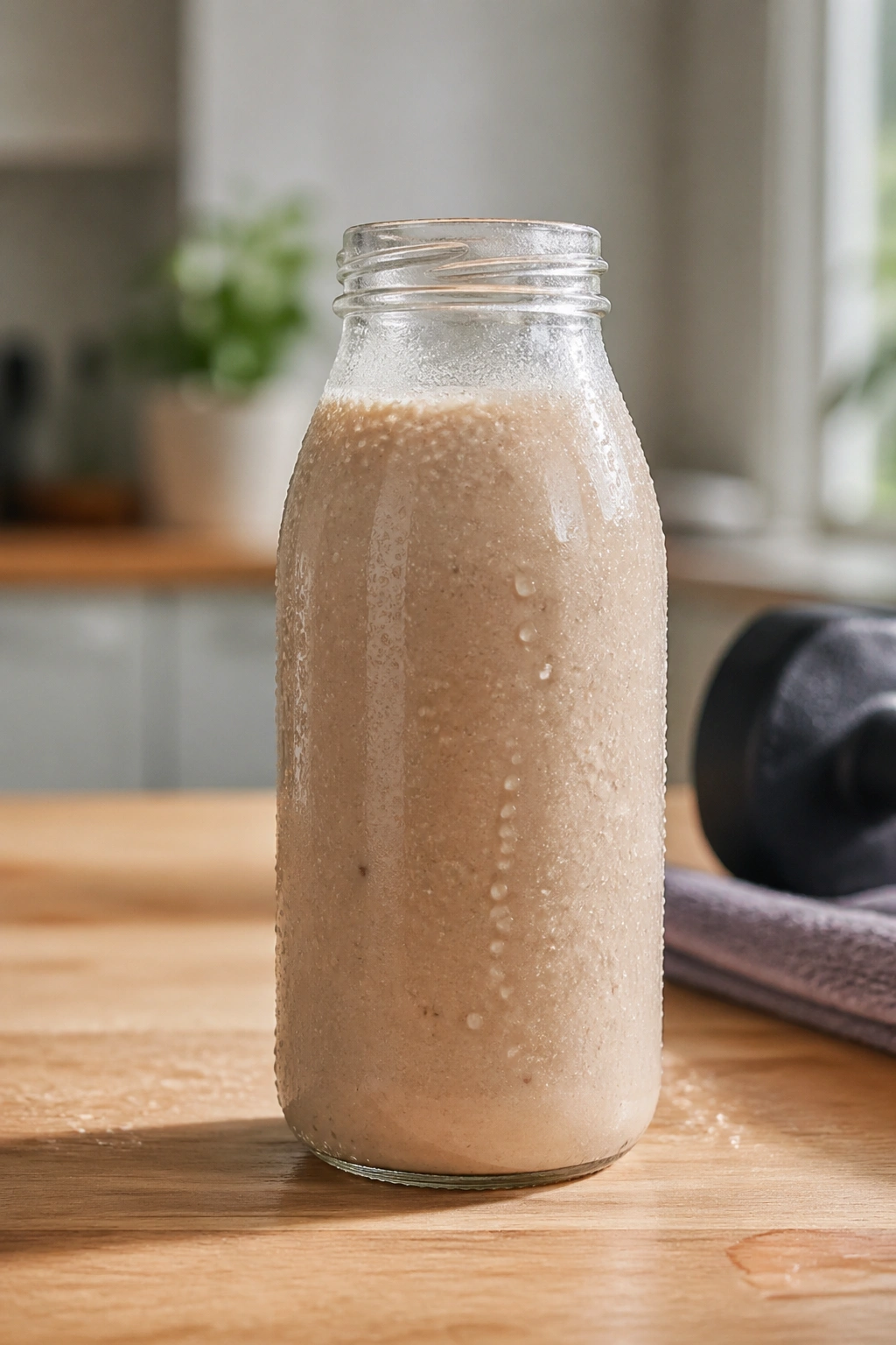 Close-up of a glass bottle with creamy post-workout recovery drink on a wooden counter