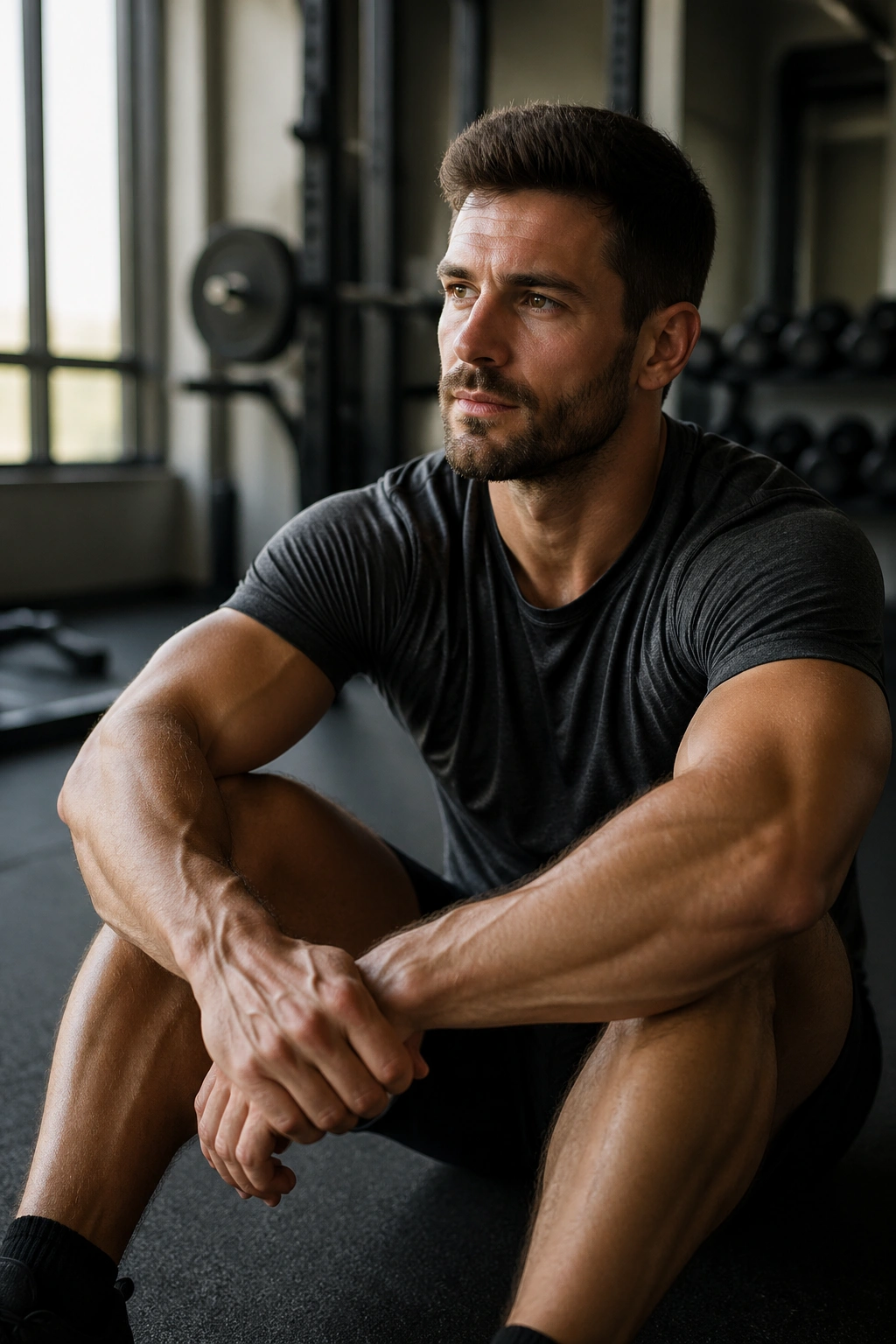 Lifter in reflective pose on gym floor after training