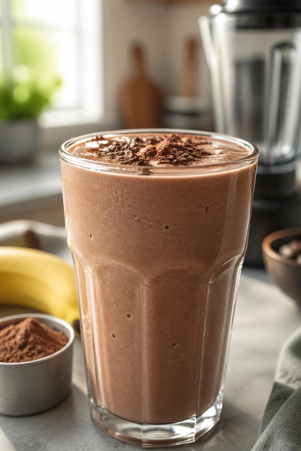 Close-up of a creamy post-workout protein shake in a glass on a kitchen counter with natural light